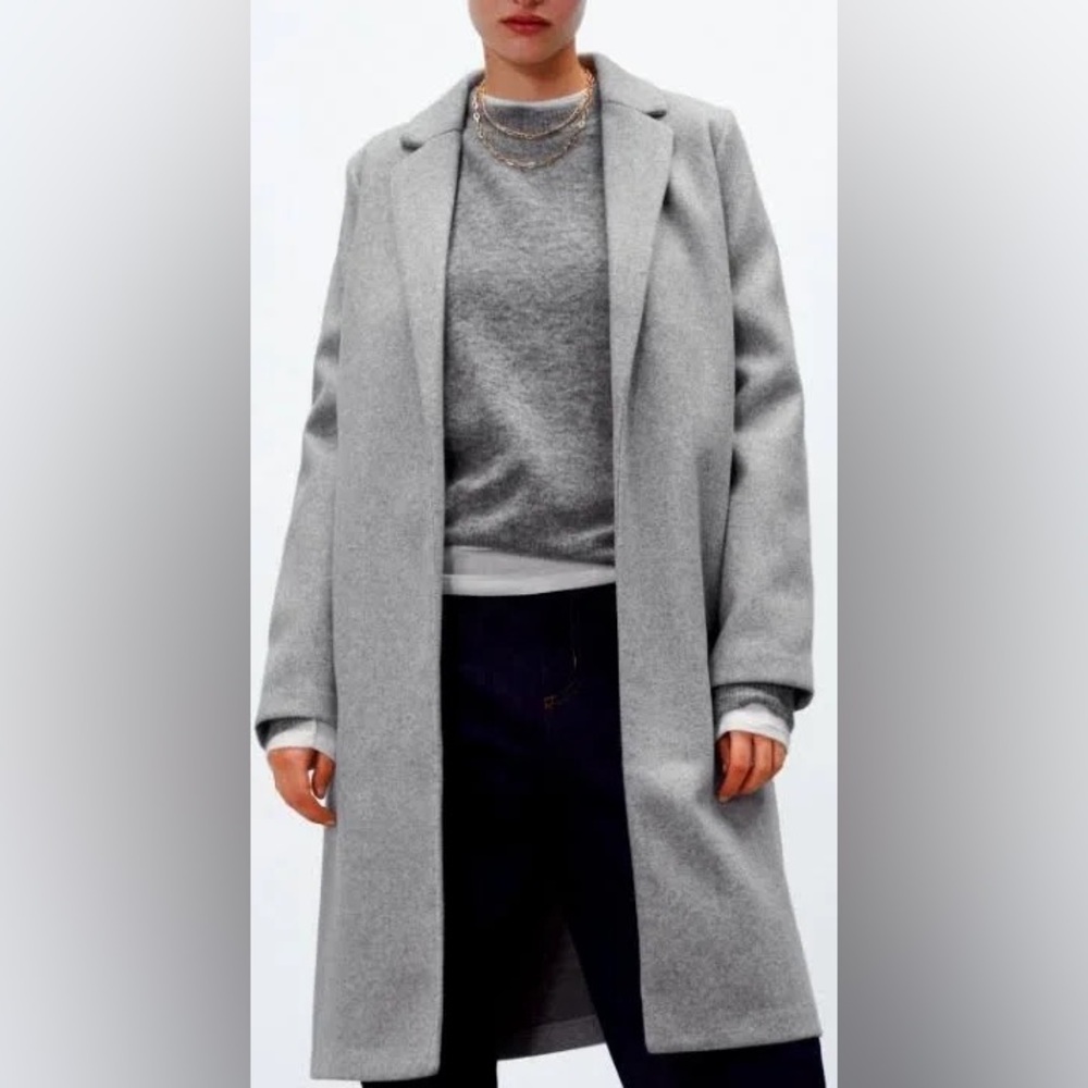Zara Light Gray Wool-Blend Long Trench Coat
